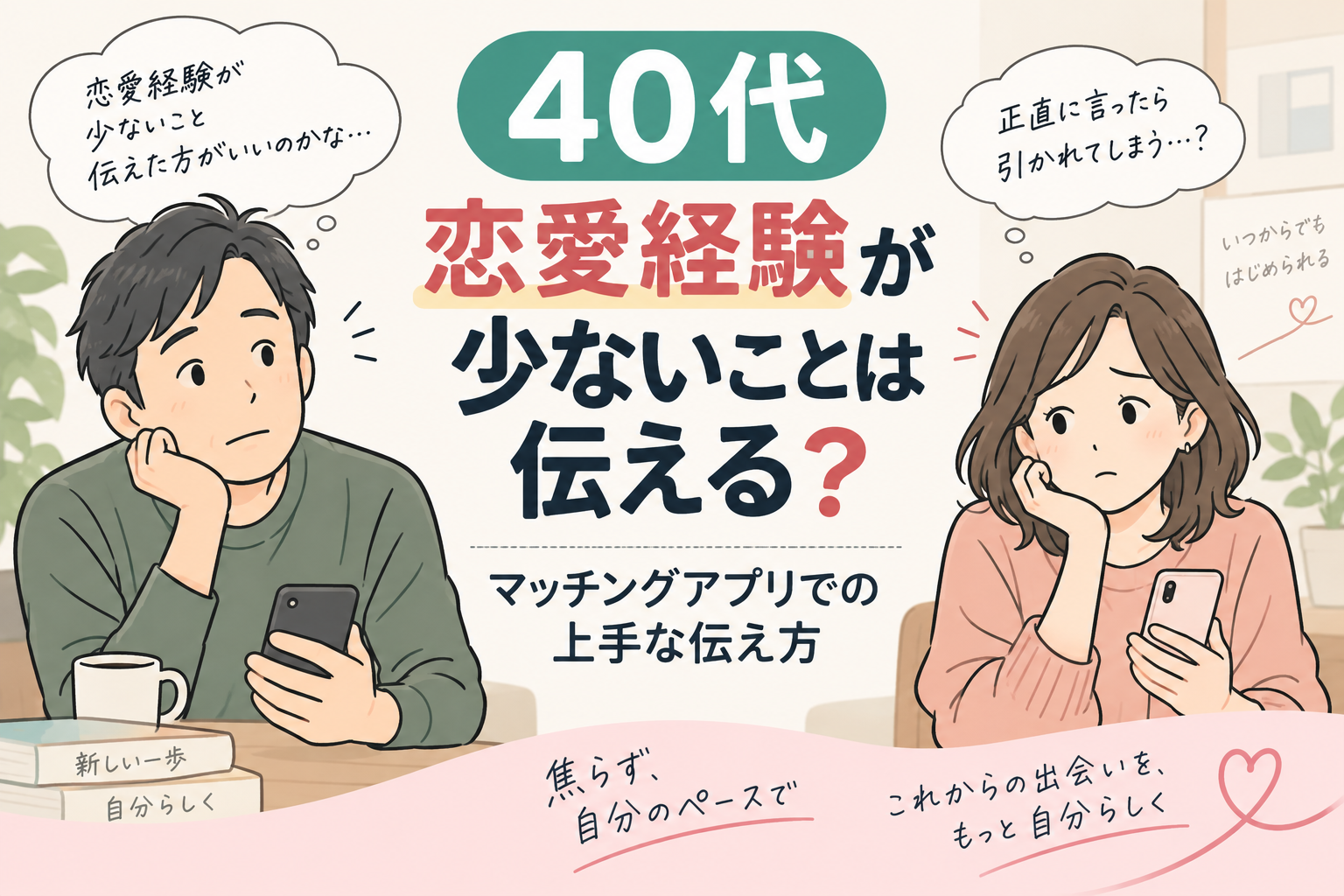 40代で恋愛経験が少ないことを相手に伝えるか悩む男女