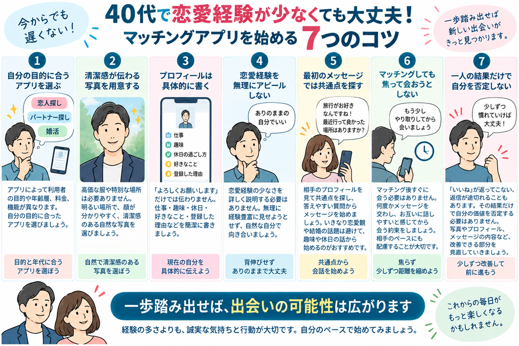 40代で恋愛経験が少ない人がマッチングアプリを始める7つのコツ