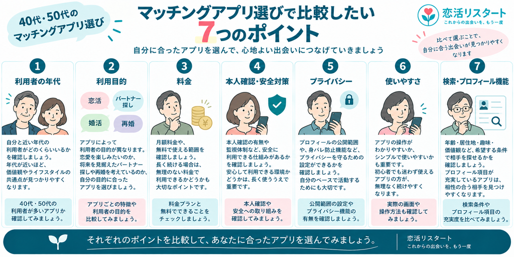 40代・50代がマッチングアプリ選びで比較したい7つのポイント