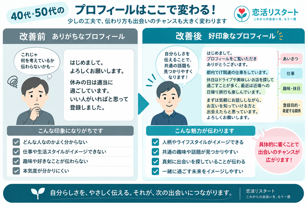40代・50代のマッチングアプリプロフィール改善前と改善後の比較