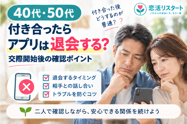 交際開始後にマッチングアプリを退会するか二人で考える40代・50代男女のアイキャッチ