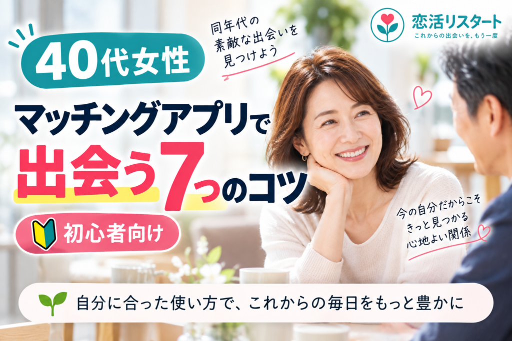 40代女性がマッチングアプリで新しい出会いを考える様子を表したアイキャッチ