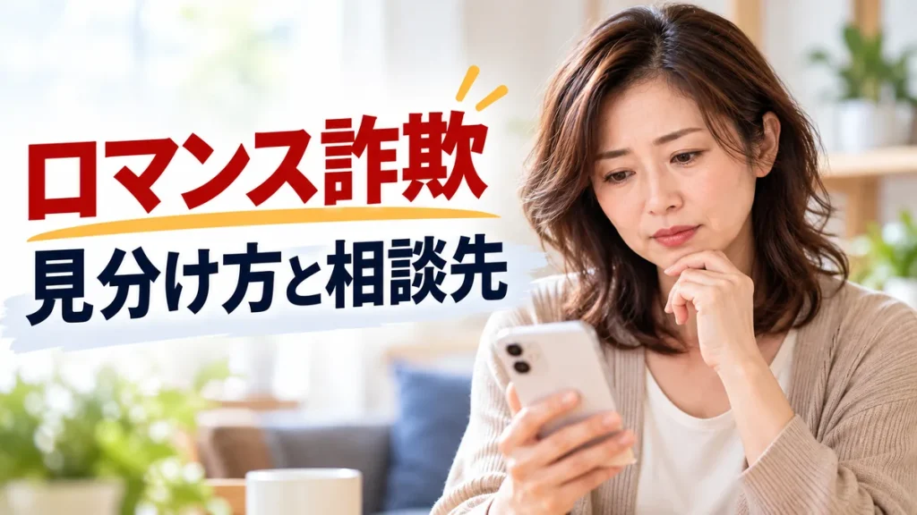 スマートフォンを見ながらロマンス詐欺の見分け方と相談先を確認する40代・50代女性のイメージ